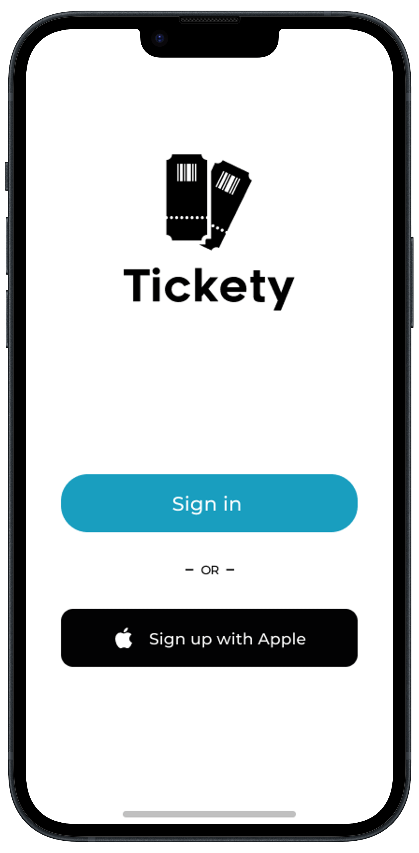 Mockup of the login/register page on the Tickety app