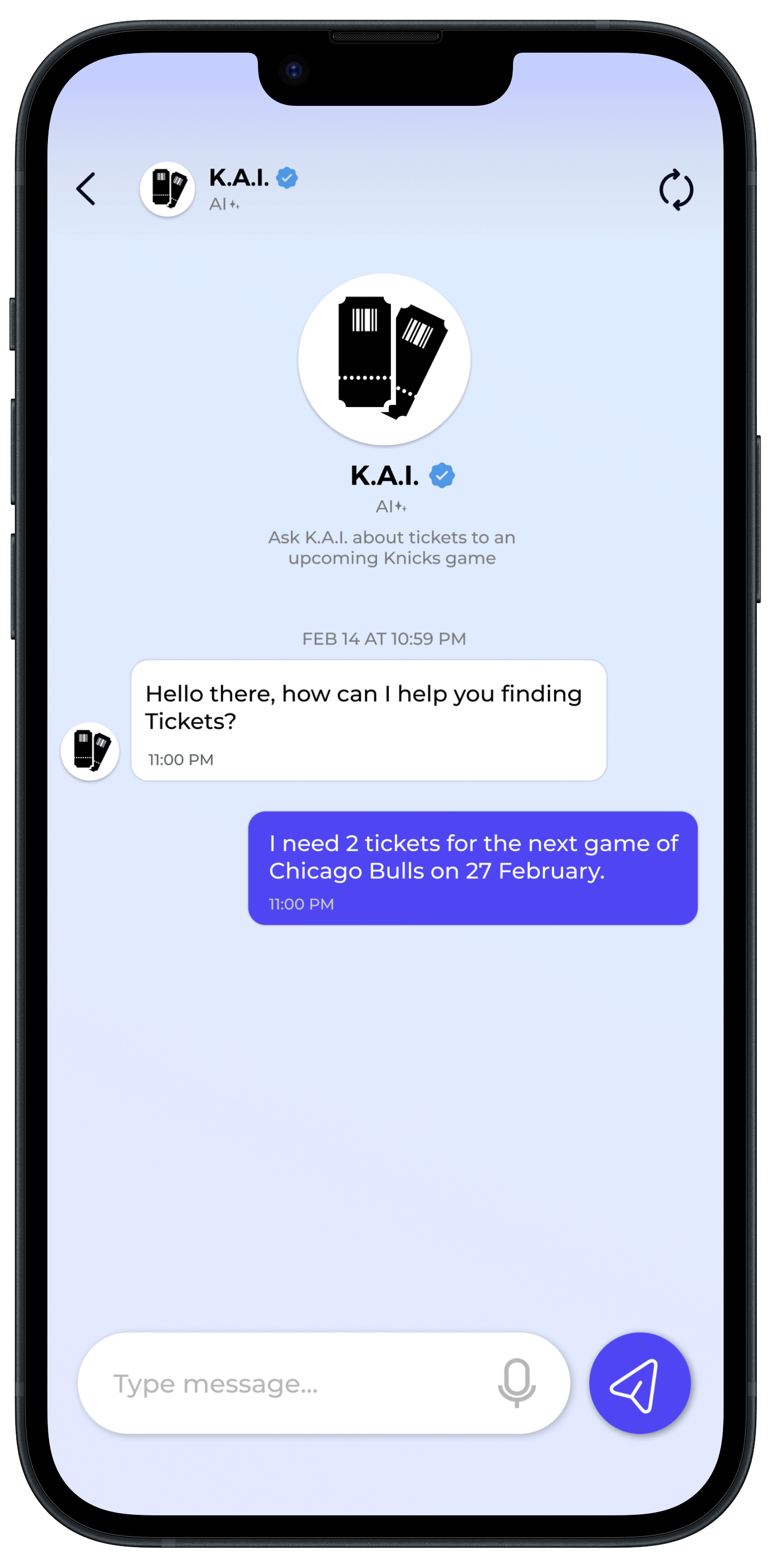 Mockup of the AI Chatbot on the Tickety app
