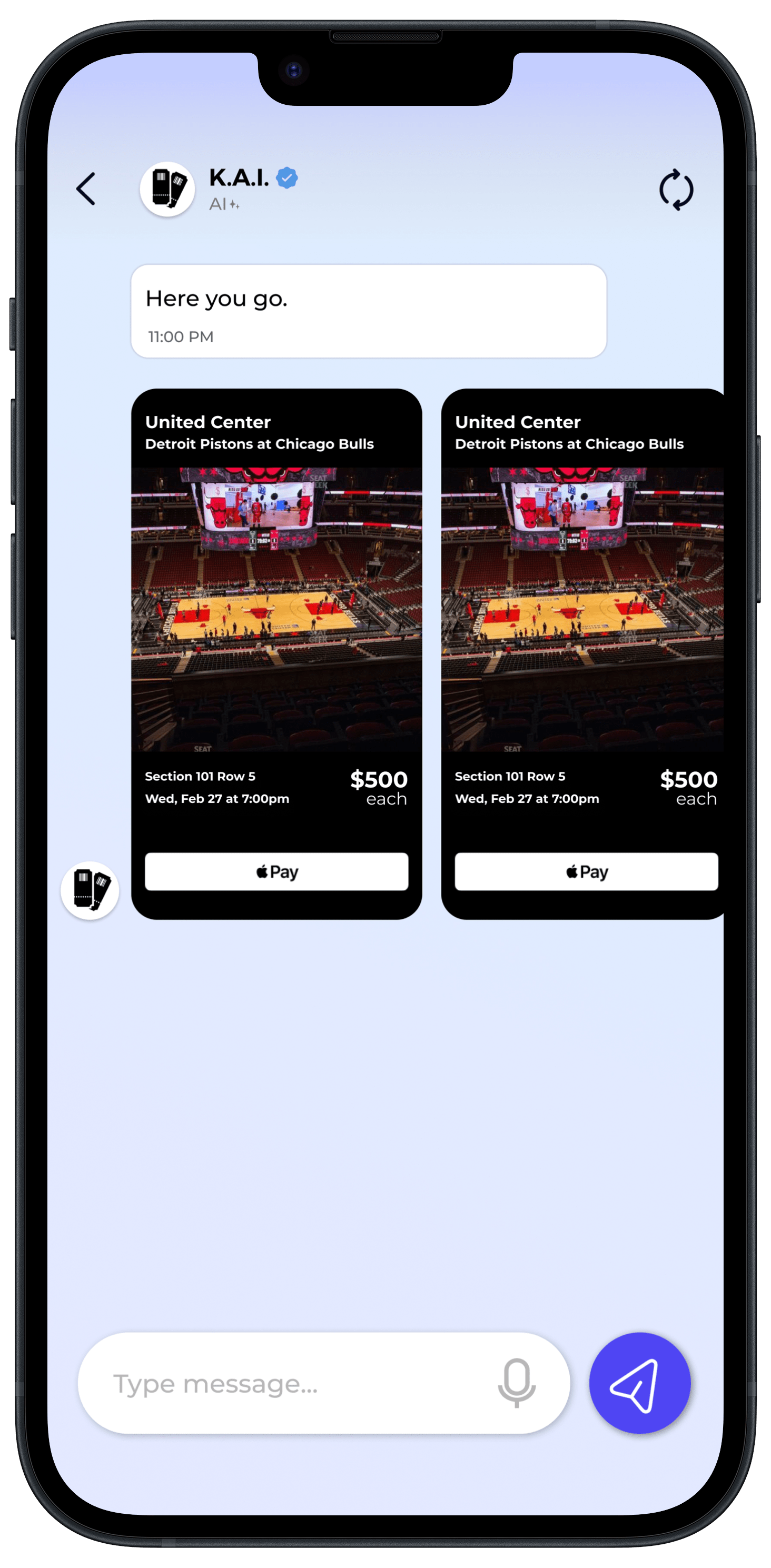 Mockup of the AI Chatbot on the Tickety app